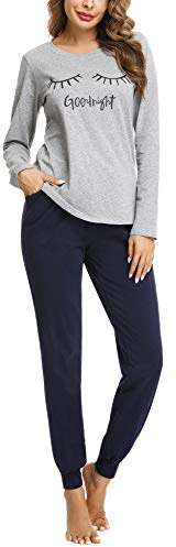 Sykooria Conjunto de Pijama Mujer Algodón de Manga Larga Pijama de Invierno Top y Pantalones Ropa de Dormir Suave para Mujer Pjs Lounge Wear(Gris,S)
