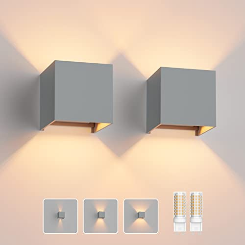 Klighten 2 Stücke Aussenlampe mit Austauschbarer G9 LED Lampe Warmweiß 3000K, Aluminium LED Wandleuchte Innen/Aussen Einstellbar Abstrahlwinkel Außenwandleuchten für Wohnzimmer Garten, Grau