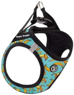 SUPER DOGGY Arnes Personalizado para Perros - Tamaño Pequeño y Mediano - Incluye 2 Etiquetas con Nombre - Chaleco Suave y Reflectante - Transpirable con Diseños Divertidos (XS, Blue Bananas)