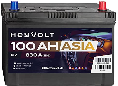 HeyVolt Asia Autobatterie 12V 100Ah 830A/EN Starterbatterie, absolut wartungsfrei ersetzt 93Ah 95Ah, Pluspol Rechts