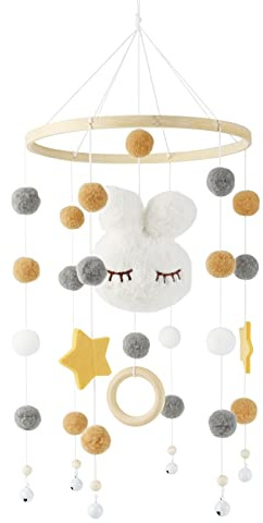 Baby Crib Mobile with Bunny Mobile, Wind Chime Felt Balls - Bamboo Made, Newborn Nursery Hanging Bed Bell - Wood Ornament Infant Room Decoration Gift
