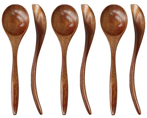 Waiecnksa Cucharas de madera para comer, 6 cucharas de madera natural, cuchara hecha a mano de 7 pulgadas para cena, postres de ensalada, aperitivos, frutas