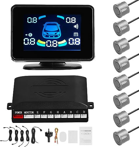 Shkalacar Einparkhilfe, Rückfahrhilfe vorne hinten mit 8 Parksensoren, Abstandserkennung, LCD Abstandsanzeige, Unterstützt akustische Warnung/Summer/Stummschaltung, Parksensor für 12V Fahrzeugen,Grau
