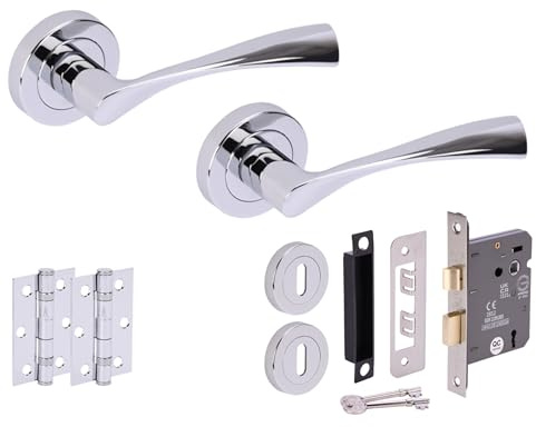 Hunta HANDLEZONE® Zena Door Handles on Rose 3 Lever Lock Pack with Ball Bearing Hinges - Polished Chrome