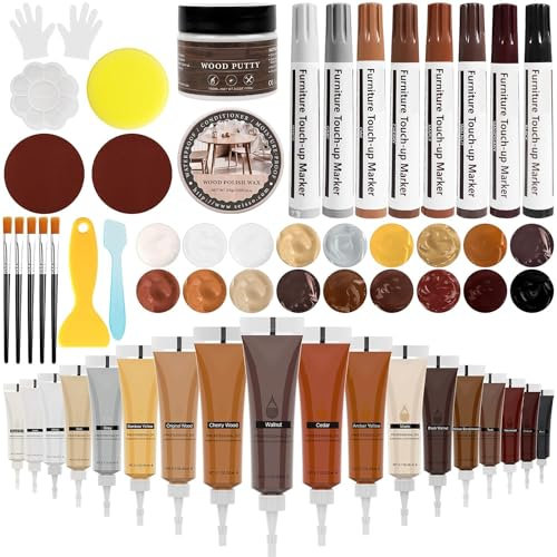 DEWEL Set di Riparazione in Laminato, 18 Colori Stucco per Legno, 8 Pennarello per Legno, kit di Riparazione per Legno - Fori, Graffi