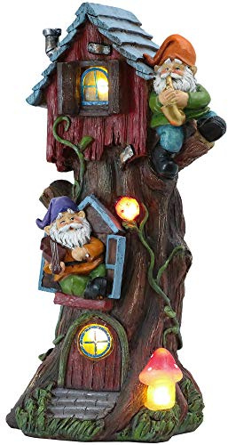 TERESA'S COLLECTIONS Garden Ornaments Outdoor, Lovely Solar Tree Fairy House with Garden Gonks, Waterproof Garden Fairy House Ornaments, Indoor Outdoor 28CM