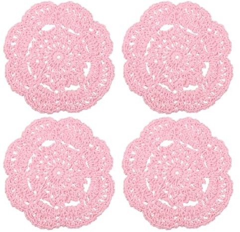 QUARKZMAN 4 Stück Häkeldeckchen Untersetzer Handgemachte Spitze Tassenuntersetzer aus Baumwolle, Waschbare Gehäkelte Untersetzer mit Blumen Muster für Kaffee Tee Hochzeit Wohnzimmer (Rosa)