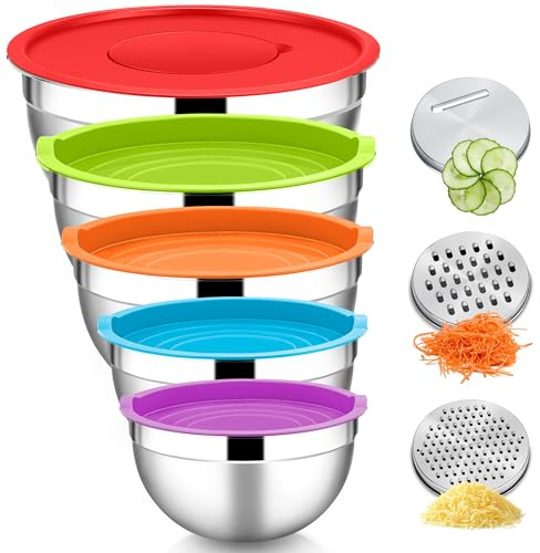 HaWare Rührschüssel 5er Set, Edelstahl Schüssel Salatschüssel Set mit Luftdichtem Deckel & 3 Reibenaufsätzen zum Kochen Backen, 4,6L/2,8L/1,6L/1,2L/0,7L, Stapelbar & Spülmaschinenfest, Bunt