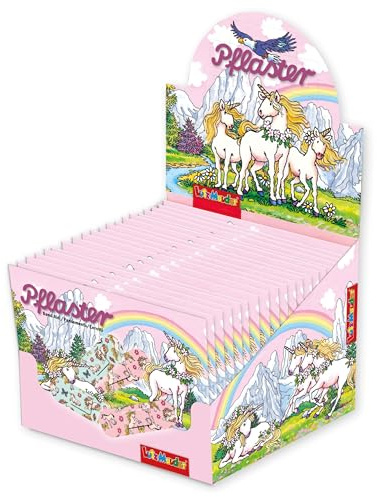 Lutz Mauder Kinder Pflaster Display Set mit 20 Pflasterbriefchen Einhorn mit je 10 Pflastern in 2 Größen (200 Einzelpflaster), Kita, Kindergarten, Arzt, Hort, Erzieher, Geburtststag, Gastgeschenk