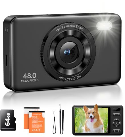 Digital Camera with 64GB Card Autofocus 2.7K 48MP Kids Camera with 16X Zoom Anti Shake 2 Batteries, Compact Portable Small Point and Shoot Digital Cameras Gift for Kid Student Children Teen Girl Boy