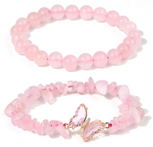 YIWONFU 2 Stück Edelstein Armband, Elastische Yoga-Energie Heilsteine-Kristallen-Armband, Geburtstagsgeschenk, Valentinstagsgeschenk für Mädchen, Frauen, Männer (Rosa Kristall)