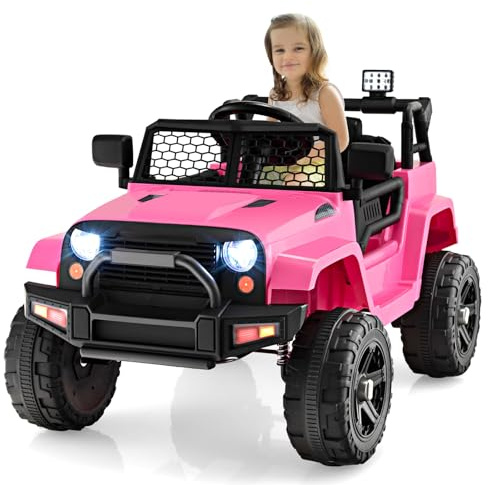 Maxmass Kids Electric Ride on Car, 12V Off Road Electric Truck with Remote Control, Music, Horn, USB/AUX Port, Spring Suspension Wheels, Battery Powered Electric Vehicle for 3+ Years Old (Pink)