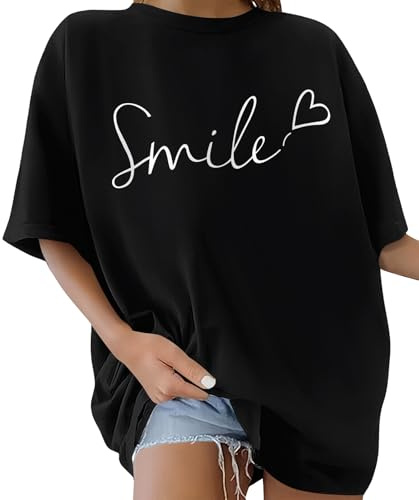 Lonya Oversize Shirt Damen T-Shirts Kurzarm Sommer Tee Tops Breite Schulter Brief Drucken Tunika Oberteile Smile-Schwarz,M