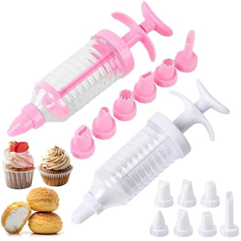 Icing Piping Kit, 2 Sets Cake Decorating Kit, Exquisite Piping Kit with 16 Pcs Icing Nozzles, Creative Cake Piping Kit, Piping Set for Cake Decorating Cookie Puff (Pink White)