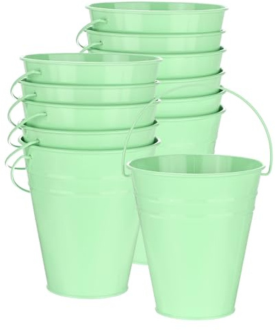 M METERXITY 12-Pack Small Metal Bucket with Handle, 4.7 x5.1 Inch/12x13cm Galvanized Buckets Small Metal Pails with Handle for Flower/Garden/Planter, Decorative Metal Bucket [Light Green]