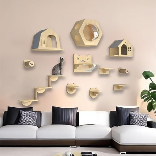 KEJIAWU Kletterwand Katzen Set, Katzenmöbel aus Holz Katzentreppe, Katzen Wandelemente Multifunktional zum Schlafen, Spielen und Klettern(11PCS)