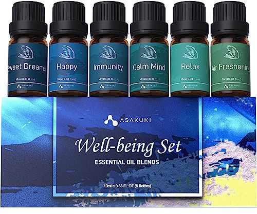ASAKUKI Essential Oil Blends Gift Set | 6x10ml Well-Being Oils for Diffusers, Relaxation & Sleep | Calm Mind, Sweet Dreams, Happy, Relax, Air Freshening & Immunity | Aromatherapy Kit for Home Use