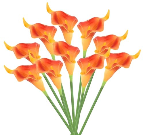 Soulnioi 10Pcs Artificial Calla Lily Flowers, Real Touch PU Faux Lilies with Flexible 35cm Stems, for Wedding Bridal Bouquet, Home Decor, Grave Pots, Party and DIY Floral Arrangements (Orange)