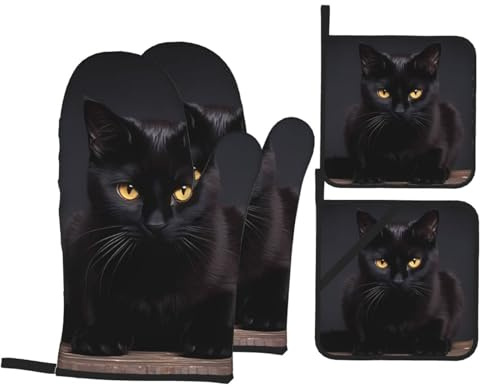 MJHKXLJ Ensemble de gants de cuisine et maniques avec imprimé chat noir mignon pour la cuisine – isolés, épais, durables et anti-brûlure