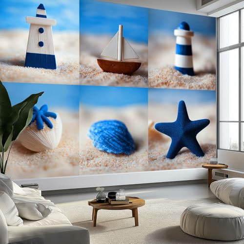 Fotomurales Fotografía Barco Faro Estrella De Mar 200 x 140 cm Papel Pintado Tejido No Tejido, Azul Fotomural Papel Tapiz Decorativos - Dormitorio Salón TV Pared Murales Póster