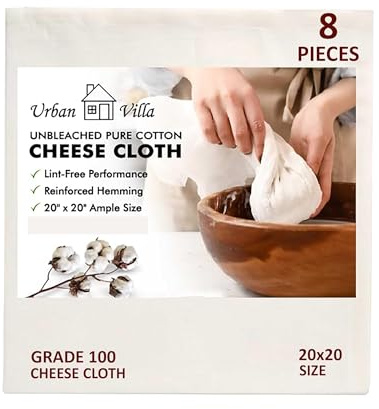 Urban Villa 8 Pcs Cheese Cloths | Grade 100 Cheesecloth for Straining Cheese | Unbleached Muslin Cloth Yogurt Cloth Strainer| Juice, Butter, & Cheese Making Supplies | 20x20 Inches