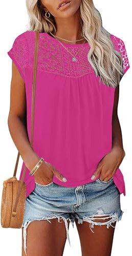 WNEEDU Maglietta Donna Manica Corta Estiva Camicia Pizzo Elegante Blusa | Gola rotonda t shirt