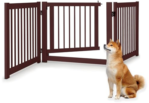 SOARS Barrera plegable para perros, 210 x 61 cm, barrera para perros de madera de 3 paneles con puerta con cerradura, valla para escaleras, entradas y pasillos (marrón)