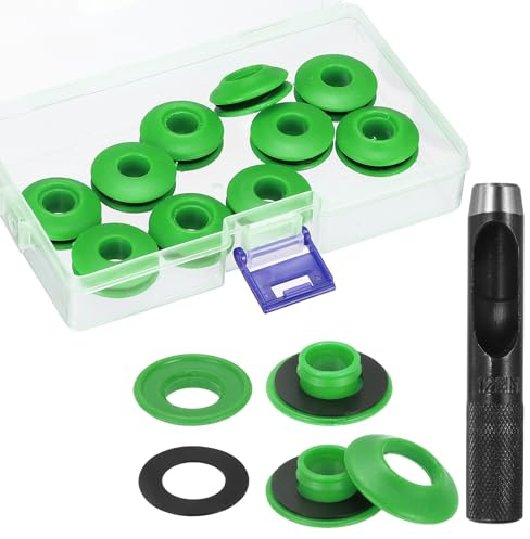 QUARKZMAN 14Pz Kit Attrezzi Occhielli Set Punzone Fori Rotondi Verde | Pinze per Occhielli Plastica, Rondelle Plastica Antiruggine, per Teloni Camion Tessuti Coperture Piscine Tende Vele Parasole