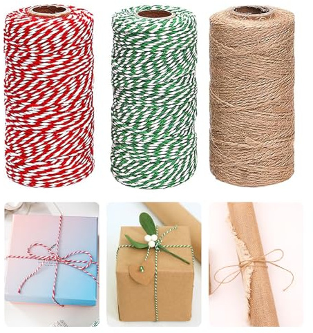 DASHUI 300m 2mm Jute Schnur Red Green Bakers Bindfäden, 3 Ribbons Schnur Reißfest Jute Baumwoll Schnur für DIY Kunstgewerbe Geschenke Verpackung Decor Gartenarbeit Dekoration