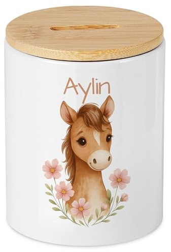 Personalisiertes Pferd Spardose Mädchen mit Wunschname, süßes Fohlen Motiv, individuelles Geldgeschenk Wunscherfüller zum Geburtstag, Taufe, Konfirmation Sparschwein Kinder