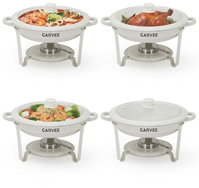 Garvee 4-Pack Maifanite-Coated Round Chafing Dish Buffet Set, 5.3QT Non-Stick Food Warmers with Glass Lids & Silicone Seal, Stackable Stainless Steel Alternative for Catering, Weddings & Parties