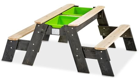 EXIT TOYS Aksent Table de Pique-Nique en Bois, Table de Sable et Table d'eau - Table de Jeu pour Enfants dans Le Jardin - avec 2 Bancs, 2 Bacs et Couvercle - 100% FSC Bois de Cèdre - 120x94x50cm