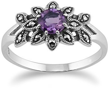 Gemondo 925 Argent Floral Style Art Nouveau & Améthyste Marcassite Bague