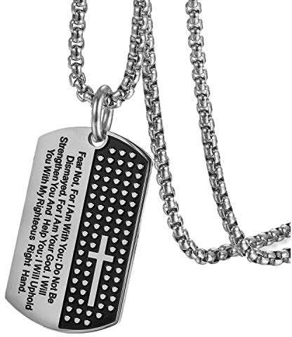 Flongo Herren Kette Anhänger, Edelstahl Halskette Kette Silber Gold Schwarz Englisch Bibel Kreuz Kruzifix Dog Tag Rosenkranz Kette Männer Schmuck Herren Accessoires