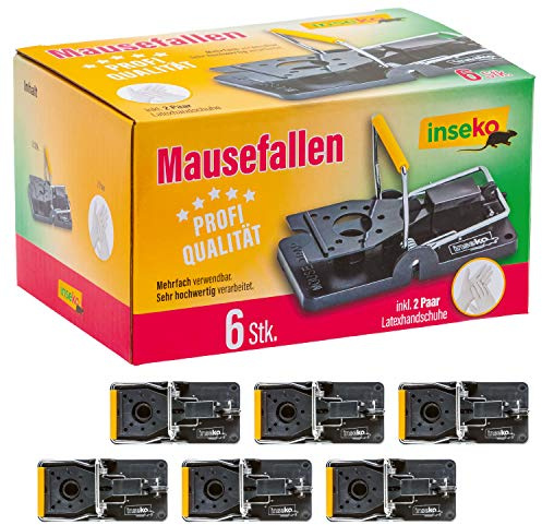 inseko 6X Profi-Mausefallen – Kunststoff/Metall - Wiederverwendbare Schlagfalle – inkl. Handschuhe