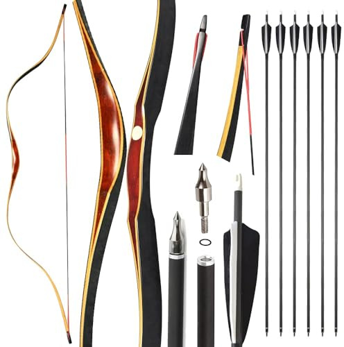 SHARROW Traditioneller Bogen Set 20-50lbs Recurve Bogen Set Reiterbogen Langbogen Bogenschießen Set Handgemacht Holzbogen Sportbogen Jagdbogen für Erwachsene und Anfänger