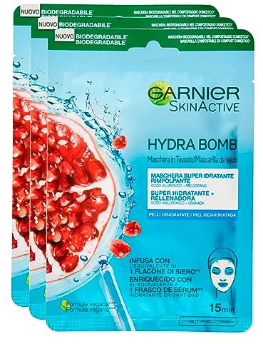 Garnier SkinActive Hydra Bomb Super Moisturising and Replenishing Fabric Face Mask with Pomegranate and Hyaluronic Acid - 3 Packs