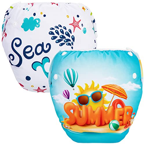 PHOGARY Pannolino da nuoto per neonati (0-3 anni), 2 pezzi. Costume da bagno per bambini riutilizzabile per 3-15kg, spiaggia+balena