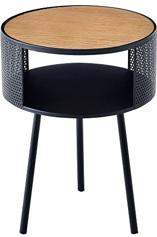 [en.casa] Beistelltisch Bjørnsund rund 34 cm breit Sofatisch mit offener Ablagefläche Wohnzimmertisch Metallgestell Holz-Optik/Schwarz