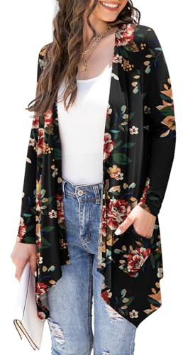 Veryoung Cardigan leggero da donna Casual morbido manica lunga floreale maglia cardigan con tasche orlo alto basso drappeggiato spolverino, B02-marrone_floreale_nero, X-Large Di Più