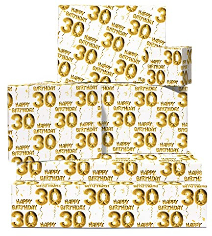 Central 23 - Geschenkpapier für 30. Geburtstag: 6 Bögen mit Anhänger - Gold-weiß - für Männer & Frauen