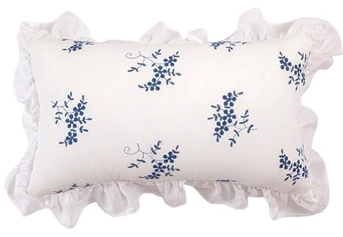 Pure Cotton White Ruffled Embroidered Pillowcase Elegant Rural Style Waterproof Pillowcases Shams Standard Lace Decorative Covers for Living Room Bed Sofa (12X20, Little Blue Flower)