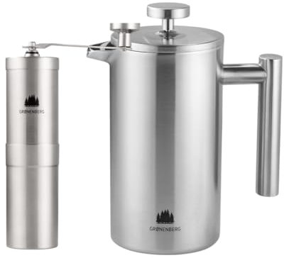 Groenenberg Spar Set 1 | French Press Thermo (3 Größen) + Kaffeemühle manuell | Edelstahl Kaffeepresse Kaffeebereiter + Edelstahl Handkaffeemühle