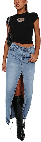 Jupe longue en jean femme taille haute avec fente devant jupes en denim Y2K vintage Harajuku Maxi Midi Jupe portefeuille en denim de couleur unie avec poches, bleu, M