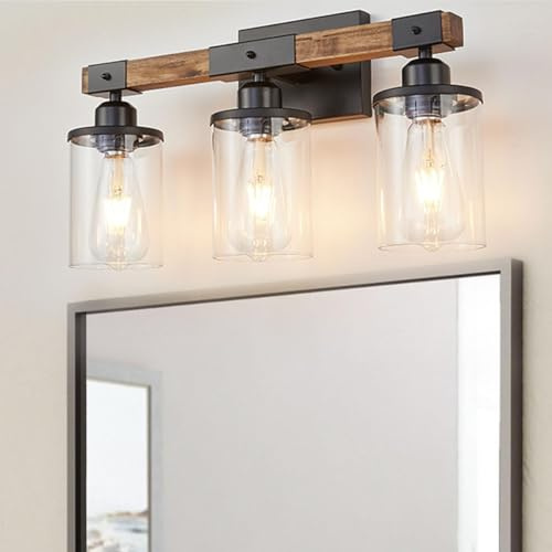 Feohak 3-Light Bathroom Light Fixtures, Farmhouse Bathroom Vanity Light Rustic Wood Industrial Vintage Black Small Wall Light Sconce Lamp Over Mirror with Clear Glass Shade for Bedroom