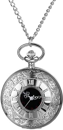 Avaner Montre de Poche pour Homme Femme à Quartz Analogique： Gravure Creuse Echelle Romaine Montre de Poche Unisexe,Chaîne de Pull-Argent