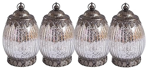 Jinfa 4er-Set Laternen Stimmunglichter mit batteriebetrieber LED-Lichterkette orientalische Zierde Tischdeko Geschenk | Oval | Edles Silber | Ø 10,5 cm × H 18 cm