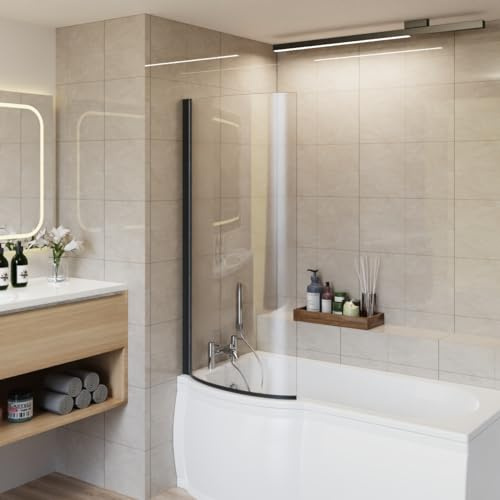Aquariss 1400x715mm Curved P Shape Bath Shower Screen Black
