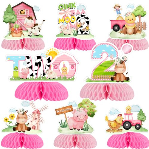 Party-Dekorationen für Mädchen zum 2. Geburtstag, Bauernhoftiere, Wabenaufsätze, rosa Barnyard Geburtstagsdekorationen, Scheunentier, 2 Jahre alt, Geburtstagsparty-Dekorationen, 8 Stück