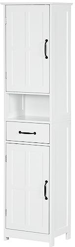 kleankin Columna de Baño Armario de Baño Alto con 2 Puertas 1 Cajón Estante Abierto y Estantes Ajustables Antivuelco 40x30x164 cm Blanco
